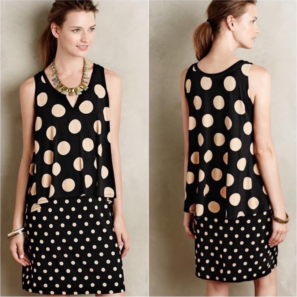 Anthropologie Maeve Davina Dress Woman’s Medium Polka Dots Sleeveless Black/Tan